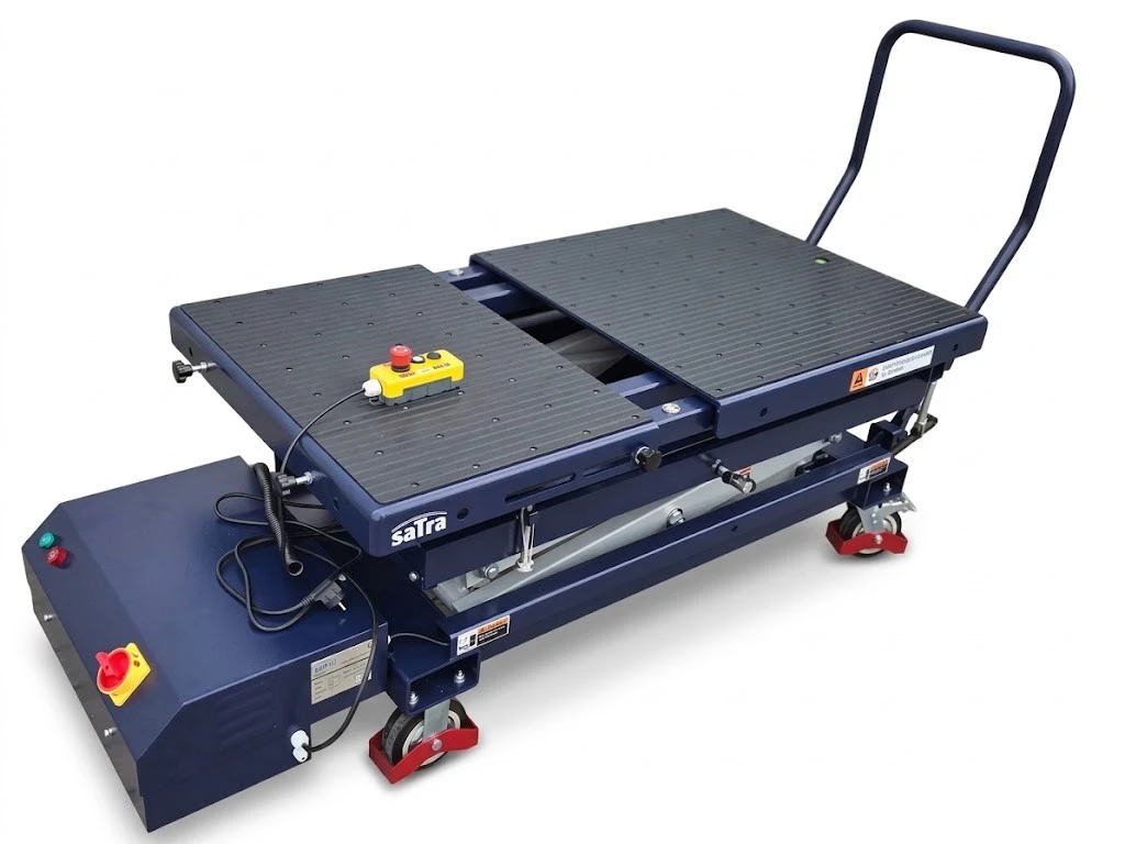 SATRA S-90371 – Elektrohydraulický zdvíhací stôl na batérie elektromobilov, 1,2 t