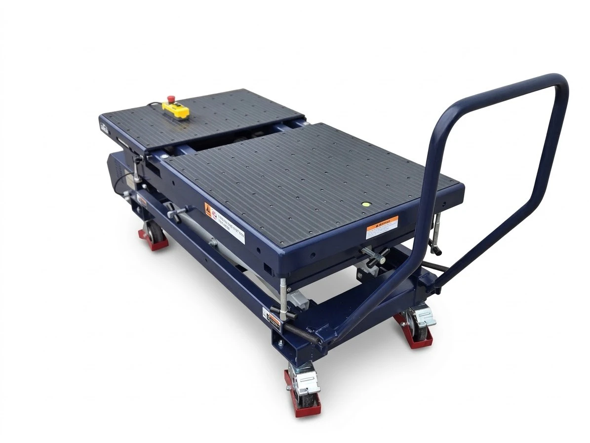 SATRA S-90371 – Elektrohydraulický zdvíhací stôl na batérie elektromobilov, 1,2 t