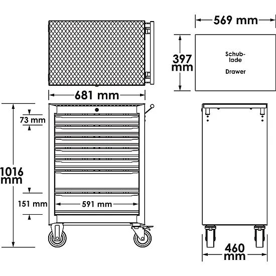 Dielenský vozík série M · s náradím · 210-dielny · 7 zásuviek VIGOR V2379N/210
