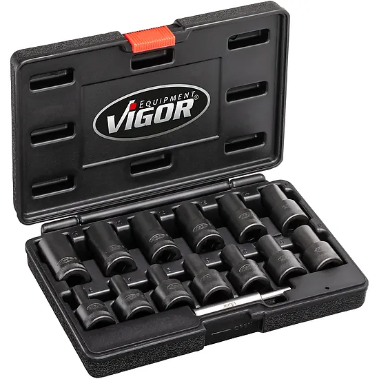 1⁄2″ Špirálová povoľovacia nástrčná hlavica · Profil na vyťahovanie skrutiek · Veľkosť 9 mm VIGOR V2404N-9