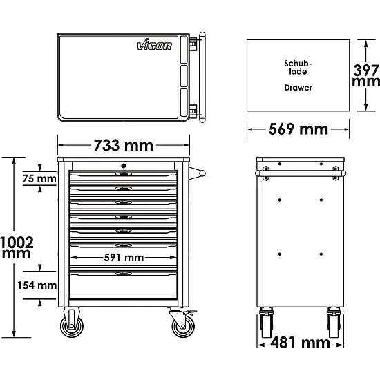 Dielenský vozík série L · s náradím · 344-dielny · 8 zásuviek VIGOR V4560-X