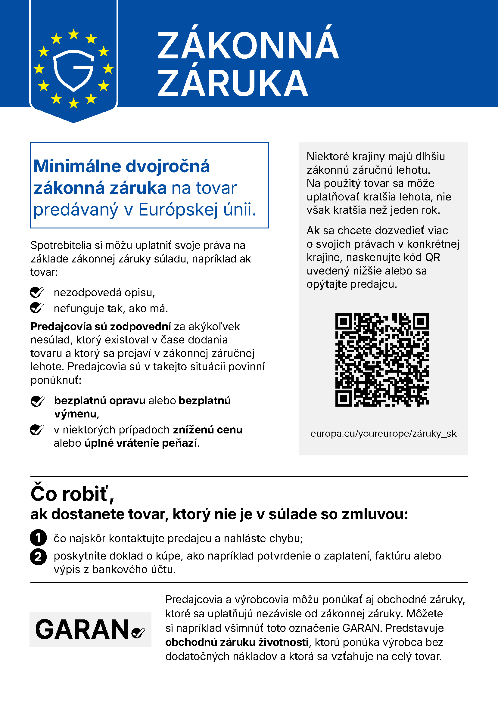 Oficiálne harmonizované oznámenie EÚ o zákonnej záruke súladu tovaru v slovenskom jazyku