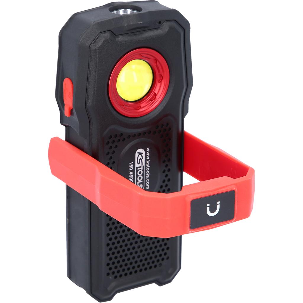 KS Tools 150.4500 Mobilná dielenská ručná lampa, 500 lumenov, s Bluetooth reproduktorom s funkciou POWERBANK, sklápacia