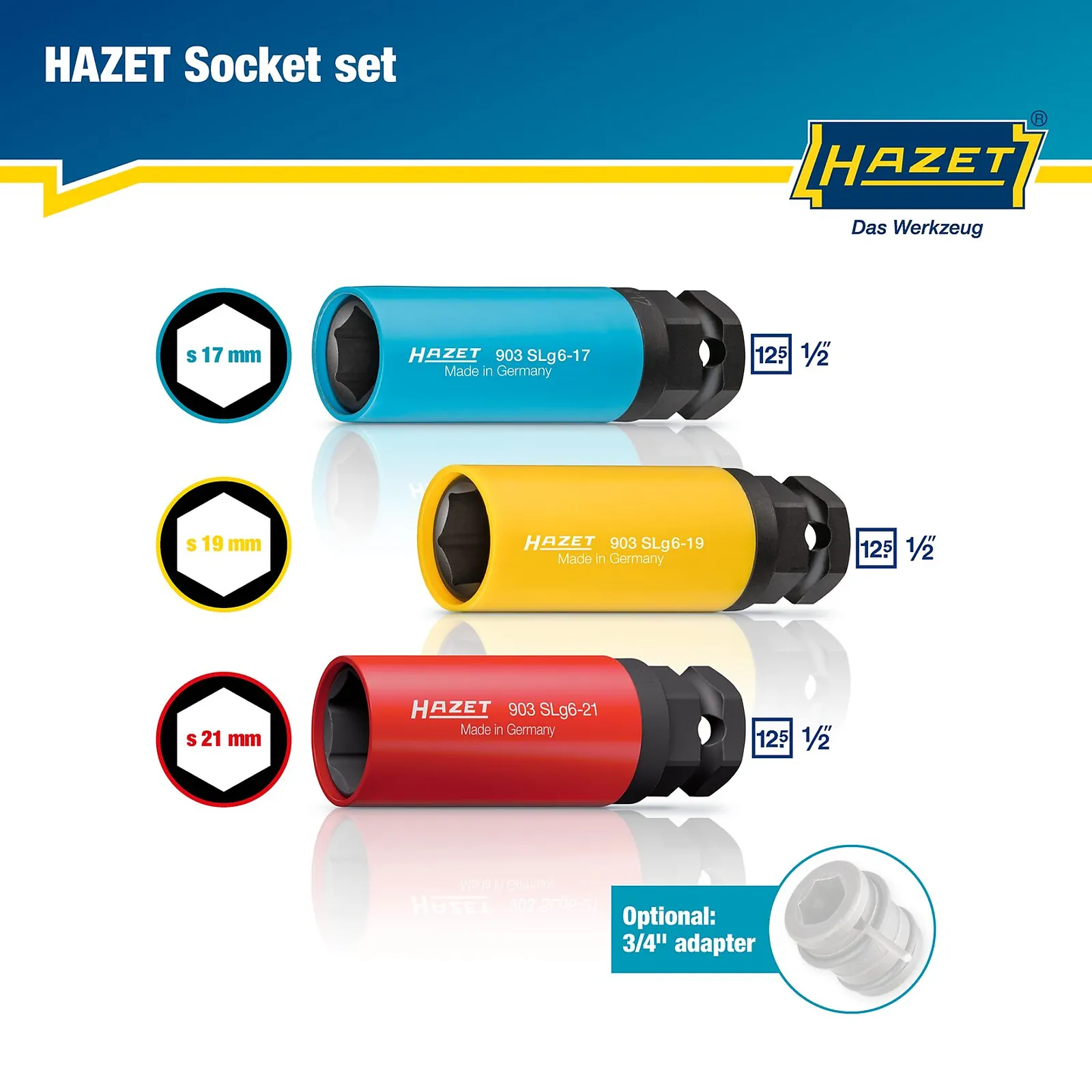 1⁄2″ · 24 mm vonkajší šesťhran Sada nástrčných hlavíc pre rázový a strojový uťahovák · Vonkajší trakčný profil šesťhran HAZET 903SLG6/3