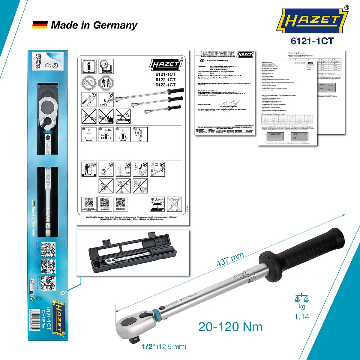 1⁄2″ Momentový kľúč · 20 – 120 Nm · ±2 % · S prepínacou račňou HiPer HAZET 6121-1CT