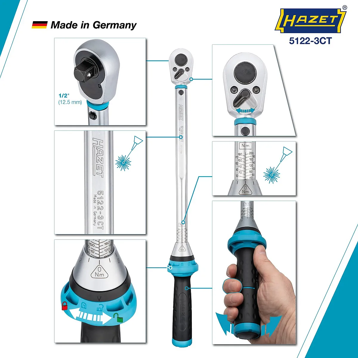 1⁄2″ Momentový kľúč s DAkkS kalibračným listom · 40 – 200 Nm · ±3 % HAZET 5122-3CTCAL