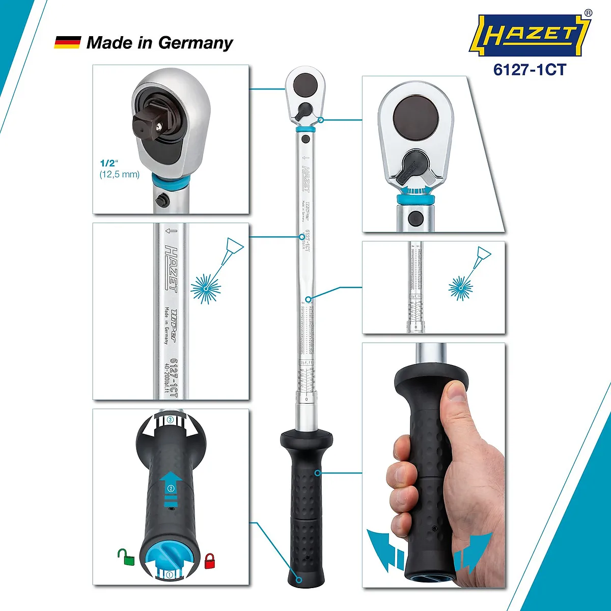 1⁄2″ Momentový kľúč · US STANDARD · 54,2 – 271,2 Nm · 40 – 200 lbf·ft · ±3 % · S prepínacou račňou HiPer HAZET 6127-1CT