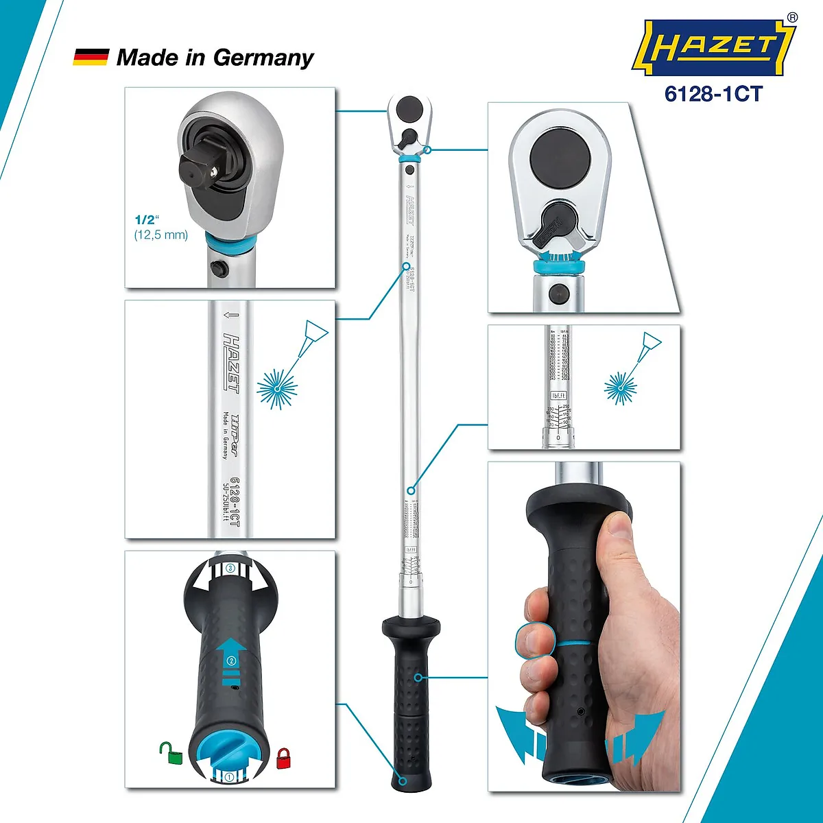 1⁄2″ Momentový kľúč · US STANDARD · 67,8 – 339 Nm · 50 – 250 lbf·ft · ±3 % · S prepínacou račňou HiPer HAZET 6128-1CT