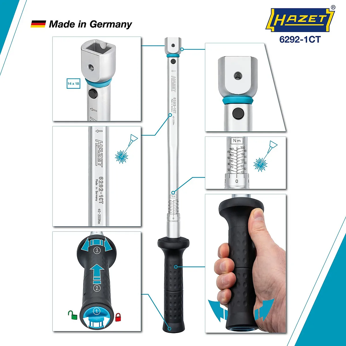 14 × 18 mm Momentový kľúč s DAkkS kalibračným listom · 40 – 200 Nm · ±2 % HAZET 6292-1CTCAL