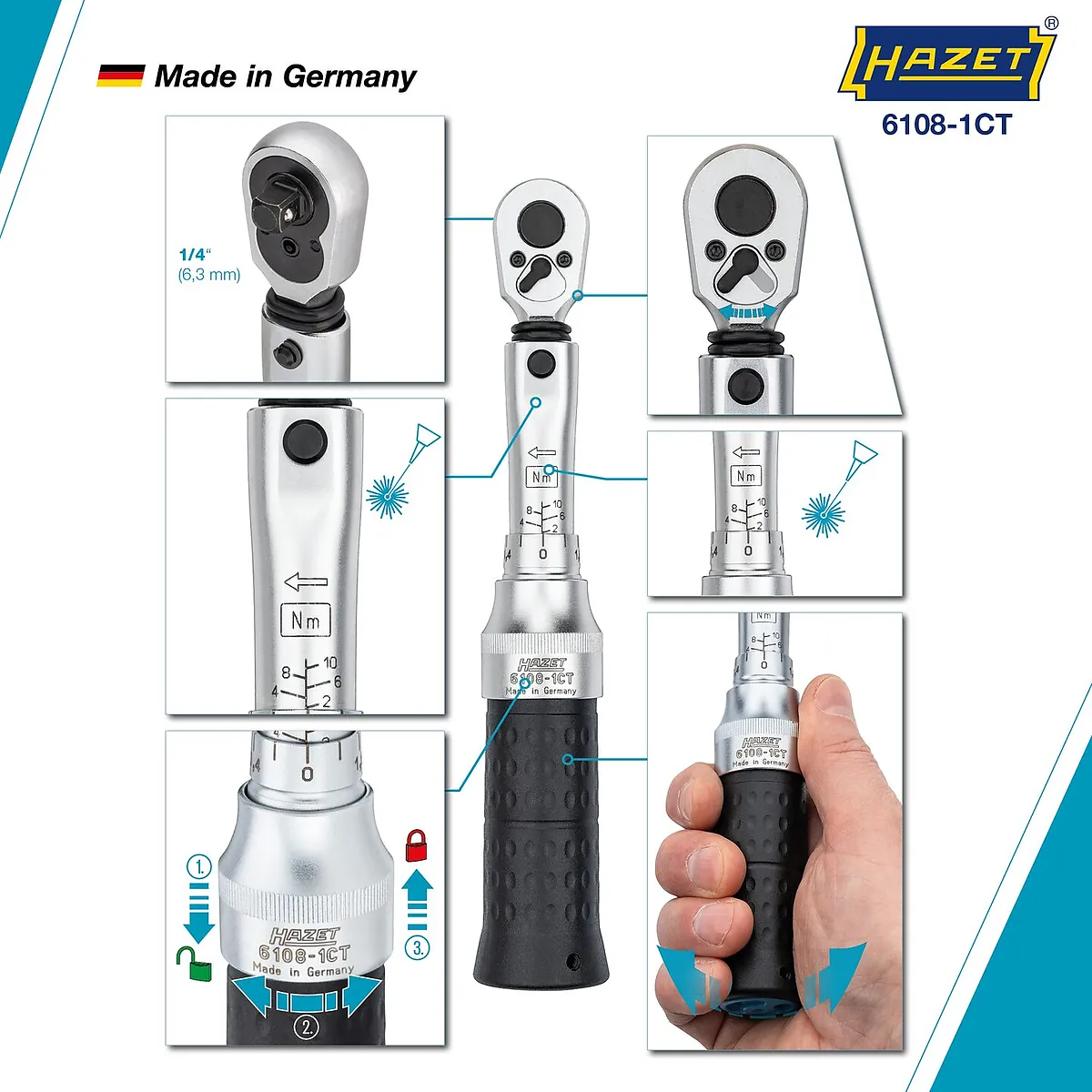 1⁄4″ Momentový kľúč · 2 – 10 Nm · ±2 % · S prepínacou račňou HiPer HAZET 6108-1CT