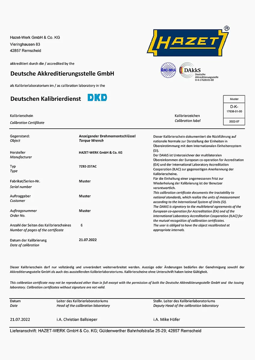 3⁄4″ Momentový kľúč s DAkkS kalibračným listom · 200 – 500 Nm · ±2 % HAZET 6144-1CTCAL