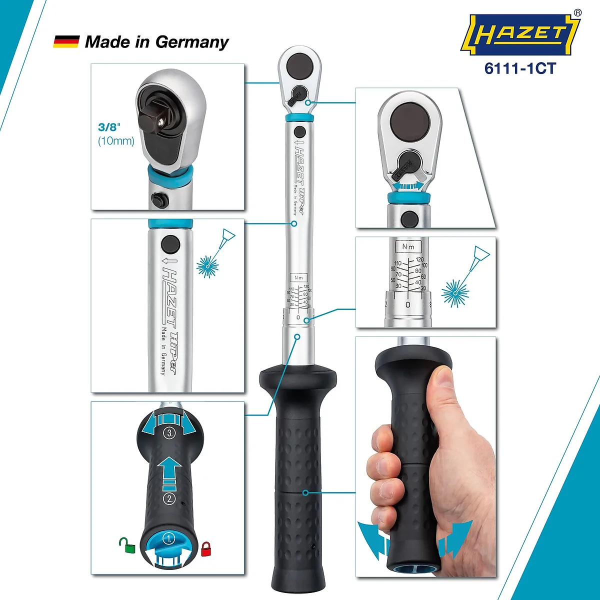3⁄8″ Momentový kľúč · 20 – 120 Nm · ±2 % · S prepínacou račňou HiPer HAZET 6111-1CT