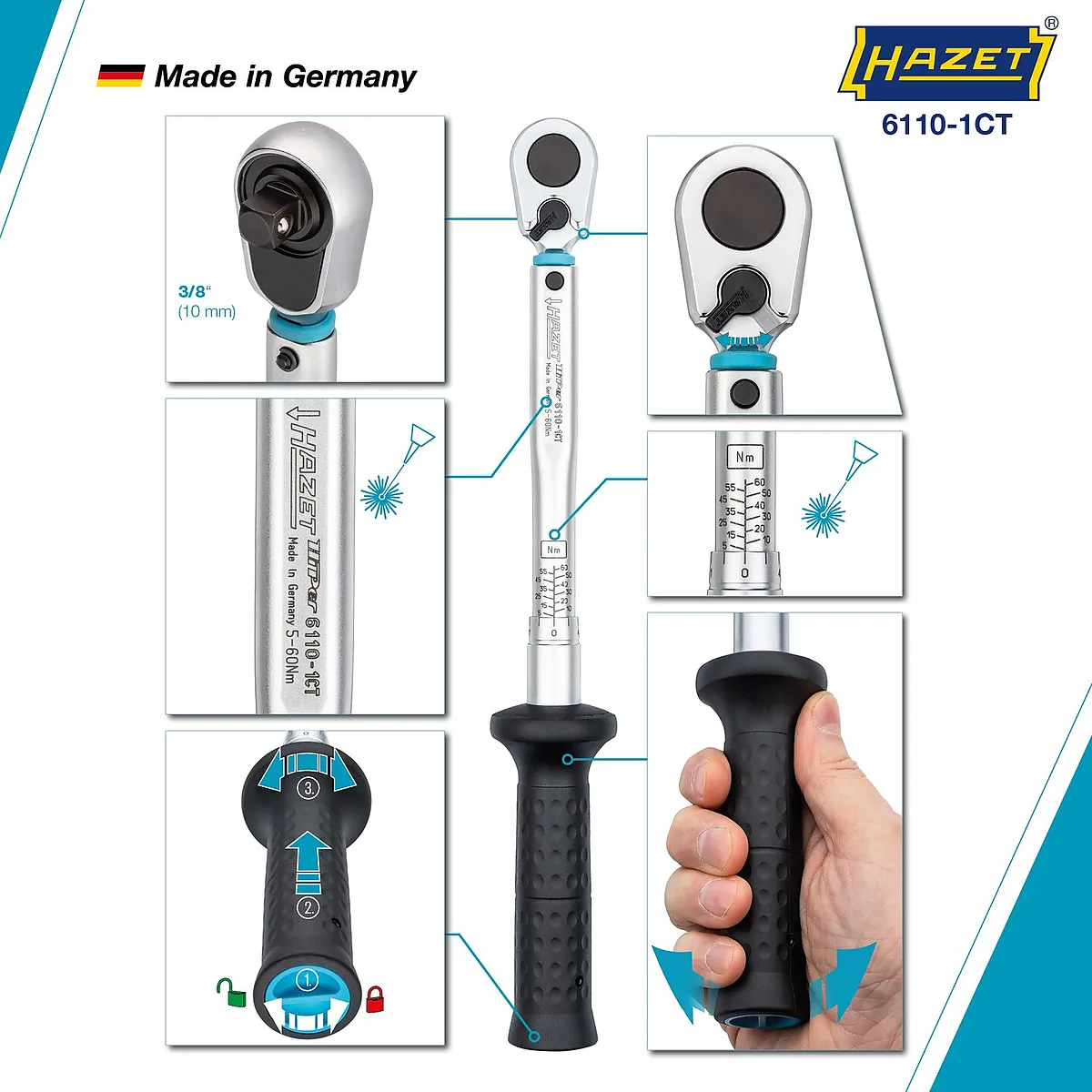 3⁄8″ Momentový kľúč · 5 – 60 Nm · ±2 % · S prepínacou račňou HiPer HAZET 6110-1CT
