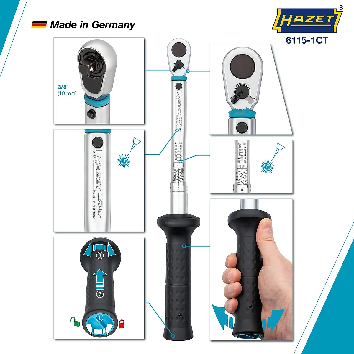 3⁄8″ Momentový kľúč · US STANDARD · 27,1 – 135,6 Nm · 20 – 100 lbf·ft · ±3 % · S prepínacou račňou HiPer HAZET 6115-1CT