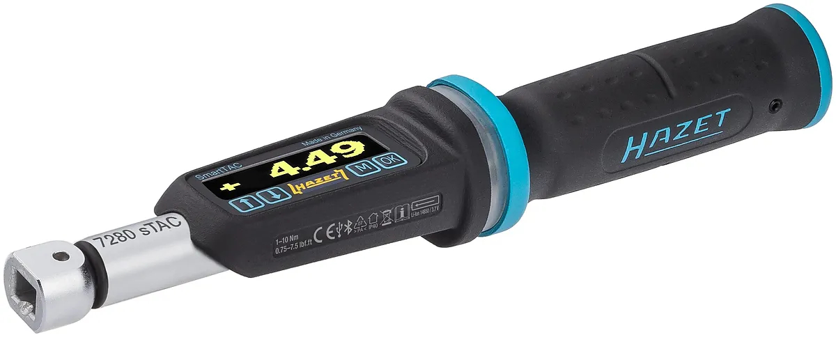 9 × 12 mm · 1⁄4″ Elektronický momentový a uhlový kľúč · 1 – 10 Nm · 0,75 – 7,5 lbf·ft · ±2 % HAZET 7280-2STAC