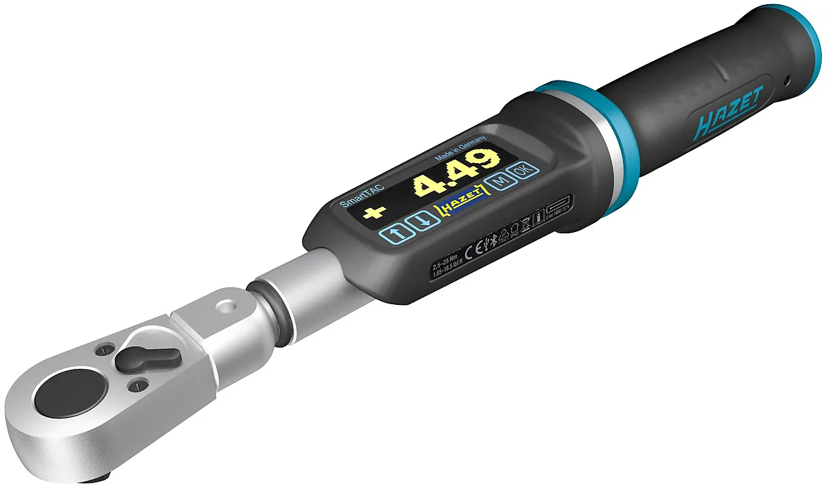 9 × 12 mm · 1⁄4″ Elektronický momentový a uhlový kľúč · 2,5 – 25 Nm · 1,85 – 18,5 lbf·ft · ±2 % HAZET 7281-2STAC