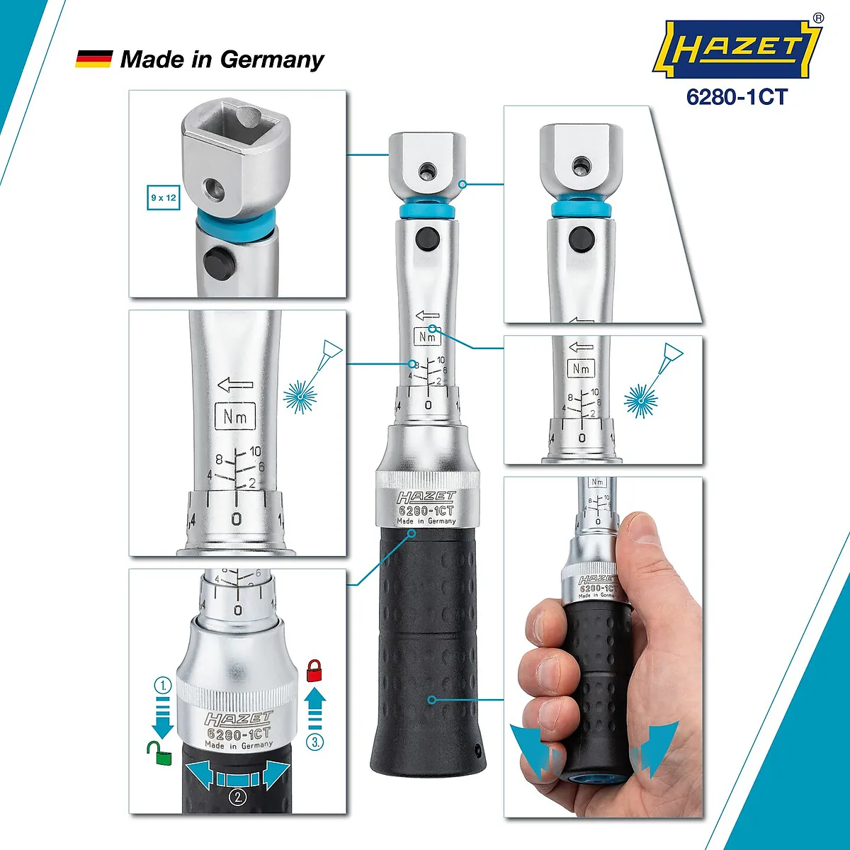9 × 12 mm Momentový kľúč · 2 – 10 Nm · ±2 % HAZET 6280-1CT