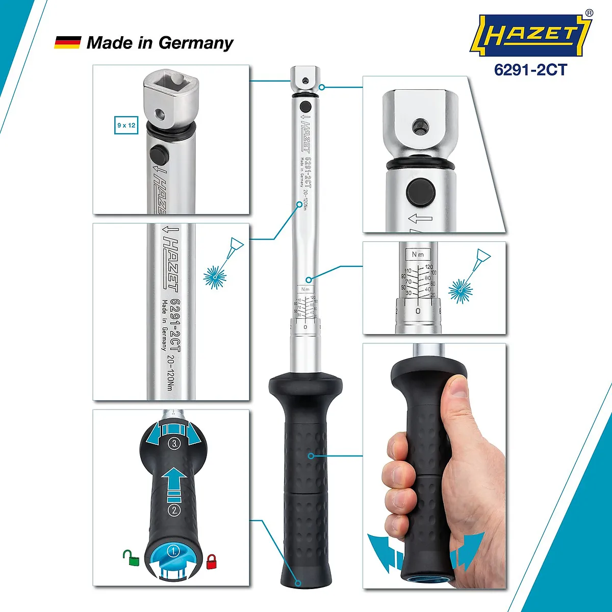 9 × 12 mm Momentový kľúč · 20 – 120 Nm · ±2 % HAZET 6291-2CT