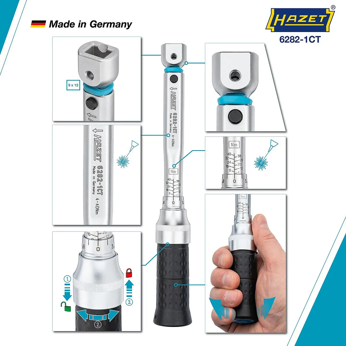 9 × 12 mm Momentový kľúč · 4 – 40 Nm · ±2 % HAZET 6282-1CT