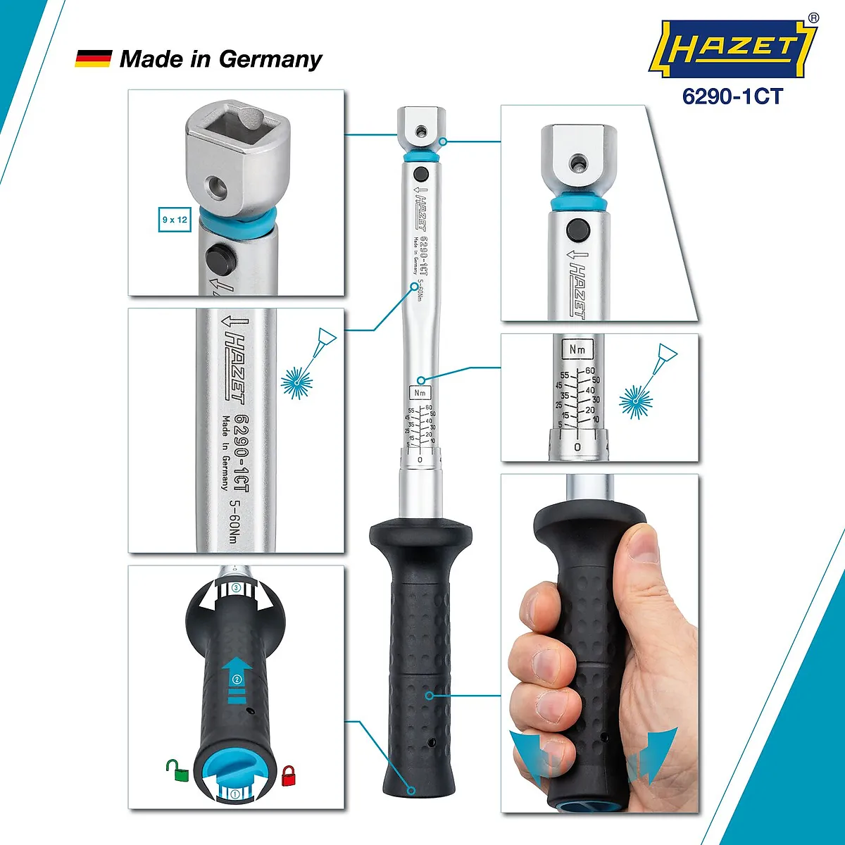 9 × 12 mm Momentový kľúč s DAkkS kalibračným listom · 5 – 60 Nm · ±2 % HAZET 6290-1CTCAL