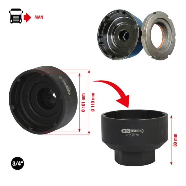 KS Tools 3/4" kľúč na drážkové matice so 6 čapmi pre MAN, 101-110mm 450.0170