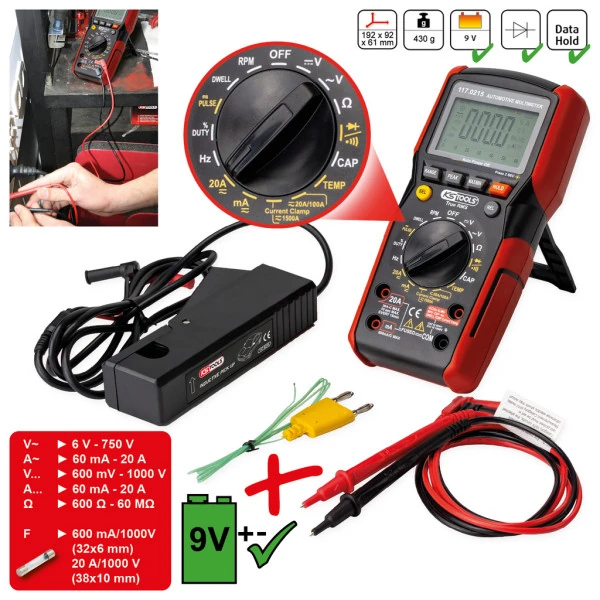KS Tools Digitálny multimeter vrát. meracích hrotov s integrovanou ochranou proti nárazu 117.0215