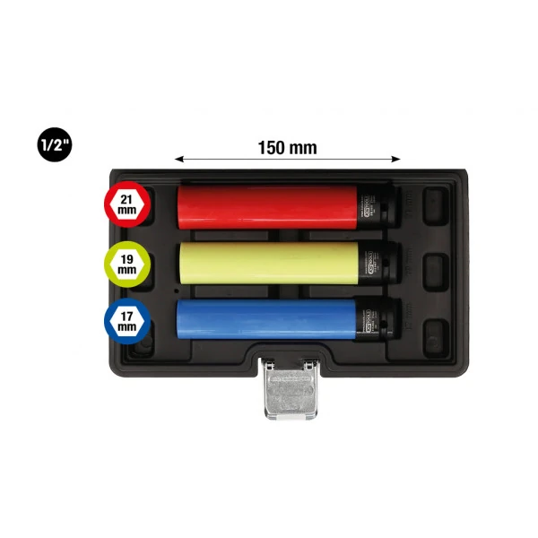 KS Tools Súprava silových nástrčných orechov na hliníkové disky, extra dlhé, 3-dielna, 1/2", 17, 19, 21mm 515.0865