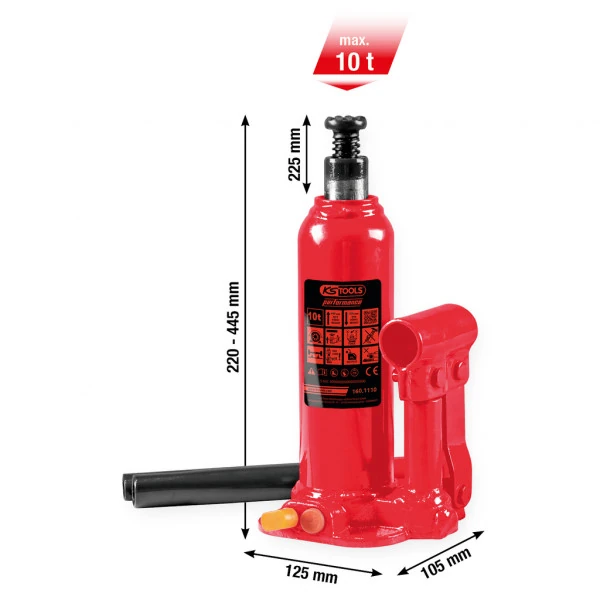 KS Tools performance hydraulický fľaškový zdvihák, 10000 kg, výška zdvihu: 222-447mm 160.1110