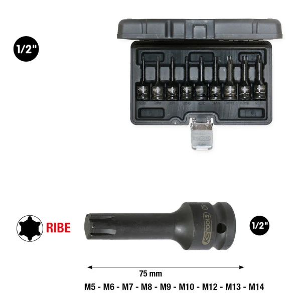 KS Tools  1/2" súprava silových nástrčných bitov pre skrutky RIBE, 9-dielna 911.0934