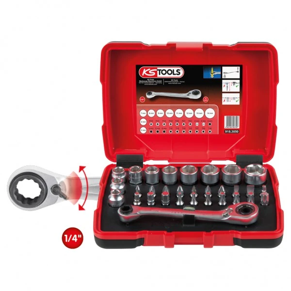 KS Tools  1/4" + 11 mm súprava priechodných nástrčkových kľúčov a bitov, 31-dielna 918.3050