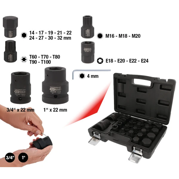 KS Tools  3/4" + 1" súprava silových výmenných bitov, 23-dielna 450.0450