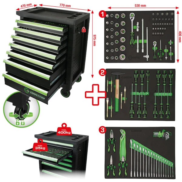 KS Tools COMPETITION dielenský vozík so 7 zásuvkami a 119 dielnou sadou prémiového náradia 512.3119