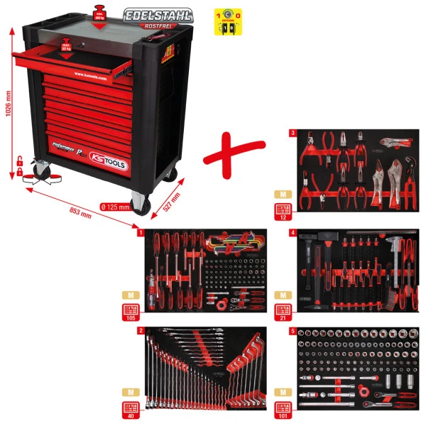 KS Tools Performanceplus súprava dielenského vozíka P10 so 279 náradiami pre 5 zásuviek 810.5279