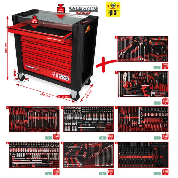 KS Tools Performanceplus súprava dielenského vozíka P25 so 660 náradiami pre 8 zásuviek 825.8660