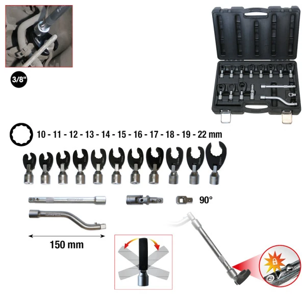 KS Tools  Súprava 3/8" 12-hranných nástrčných otvorených kľúčov s kĺbom, 15-dielna, 10-22 mm 913.3835