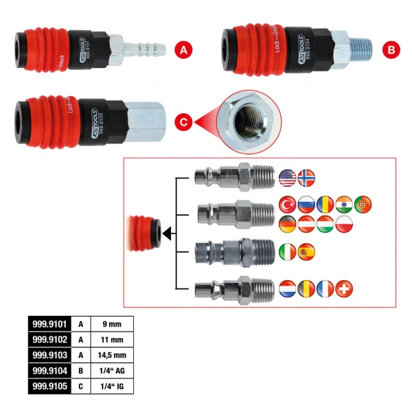 KS Tools Univerzálna bezpečnostná spojka na stlačený vzduch 3v1, 11 mm s hadicovou hubicou 999.9102
