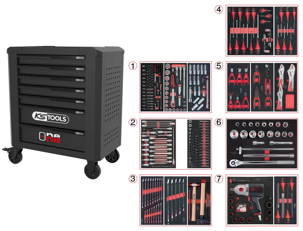Dielenský vozík One by One s 7 zásuvkami a 337 dielmi náradia KS Tools 823.7337F