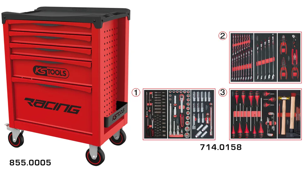 Dielenský vozík RACING s 5 zásuvkami a 158 dielmi náradia KS Tools 855.5158