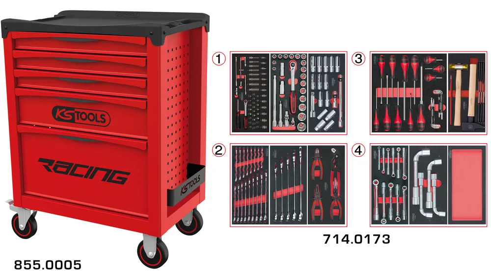 Dielenský vozík RACING s 5 zásuvkami a 173 dielmi náradia KS Tools 855.5173
