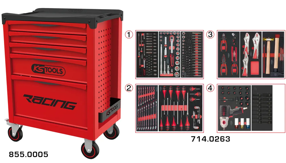 Dielenský vozík RACING s 5 zásuvkami a 263 dielmi náradia KS Tools 855.5263