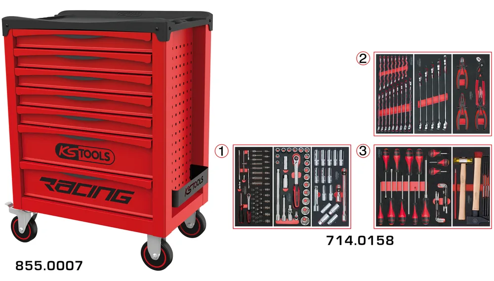 Dielenský vozík RACING s 7 zásuvkami a 158 dielmi náradia KS Tools 855.7158