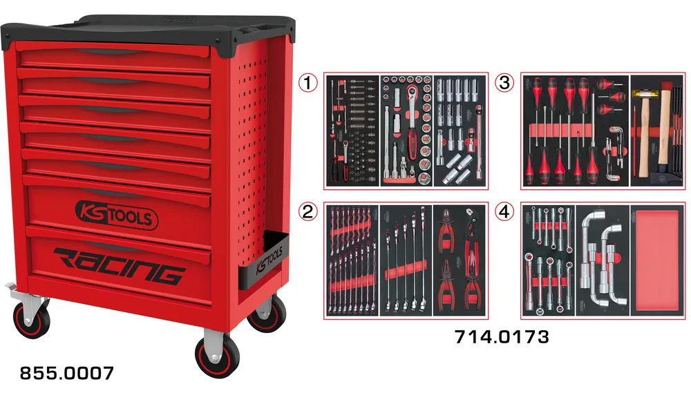 Dielenský vozík RACING s 7 zásuvkami a 173 dielmi náradia KS Tools 855.7173