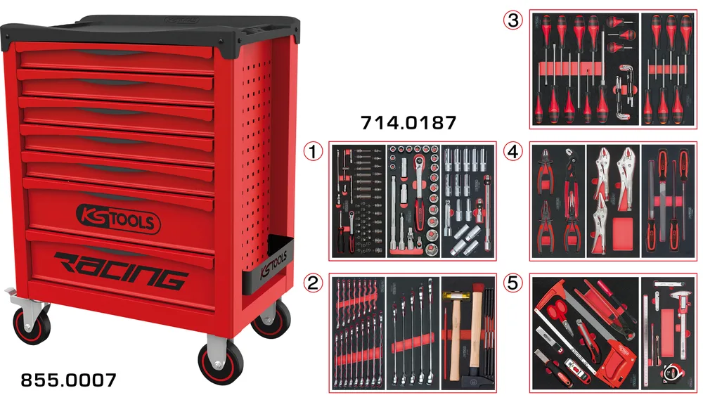 Dielenský vozík RACING s 7 zásuvkami a 187 dielmi náradia KS Tools 855.7186