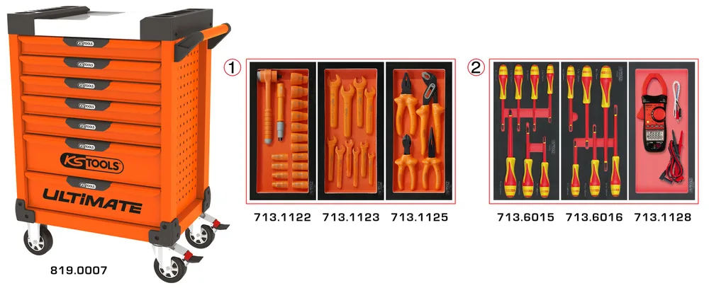 Dielenský vozík ULTIMATE so 7 zásuvkami, 44 izolovanými dielmi náradia a kliešťovým ampérmetrom, oranžový KS Tools 819.7045