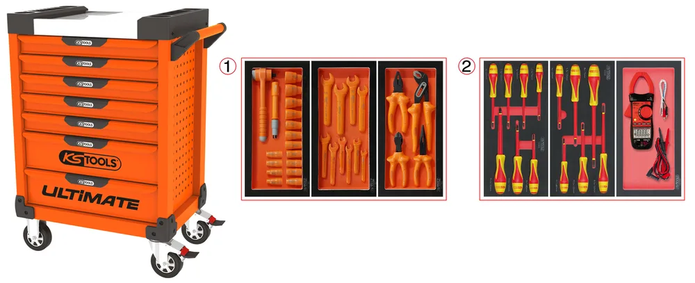 Dielenský vozík ULTIMATE so 7 zásuvkami, 44 izolovanými dielmi náradia a kliešťovým ampérmetrom, oranžový KS Tools 819.7045