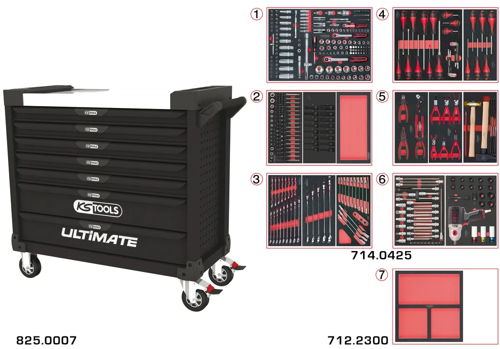 Dielenský vozík ULTIMATE XL s 7 zásuvkami a 428 dielmi náradia KS Tools 825.7427