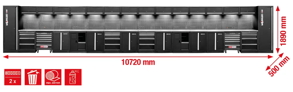 MODULEO Dielenský skriňový systém, rovný, 10720 x 500 mm KS Tools 866.6320