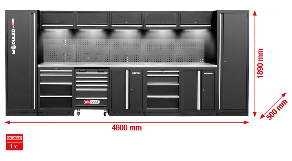 MODULEO Dielenský skriňový systém, rovný, 4600 x 500 mm, variant 1 KS Tools 866.6230