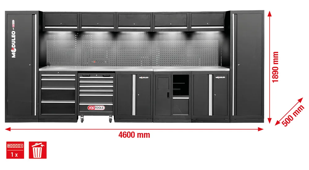 MODULEO Dielenský skriňový systém, rovný, 4600 x 500 mm, variant 2 KS Tools 866.6235