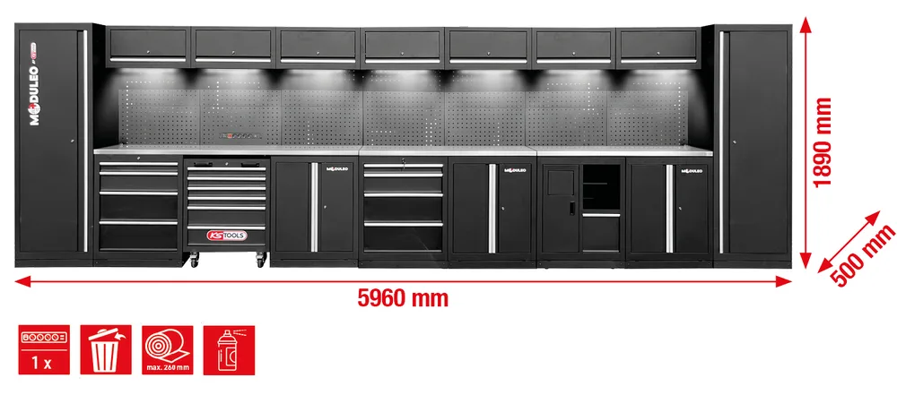 MODULEO Dielenský skriňový systém, rovný, 5960 x 500 mm, variant 1 KS Tools 866.6265